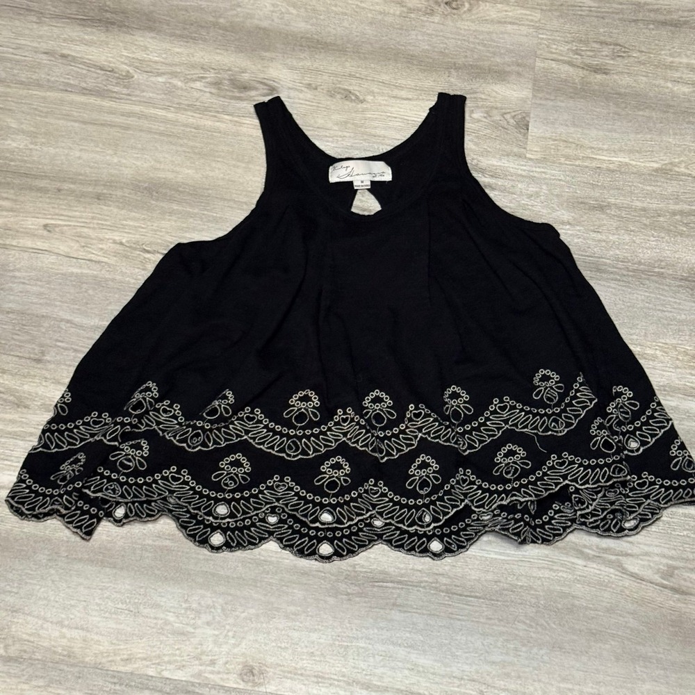 Black Embroidered Tank Top With Open Back Size Medium